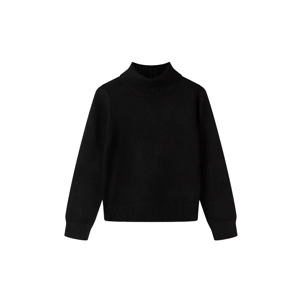 Black fine knit turtleneck jumper laid flat showing fold-over collar and ribbed cuffs on black background