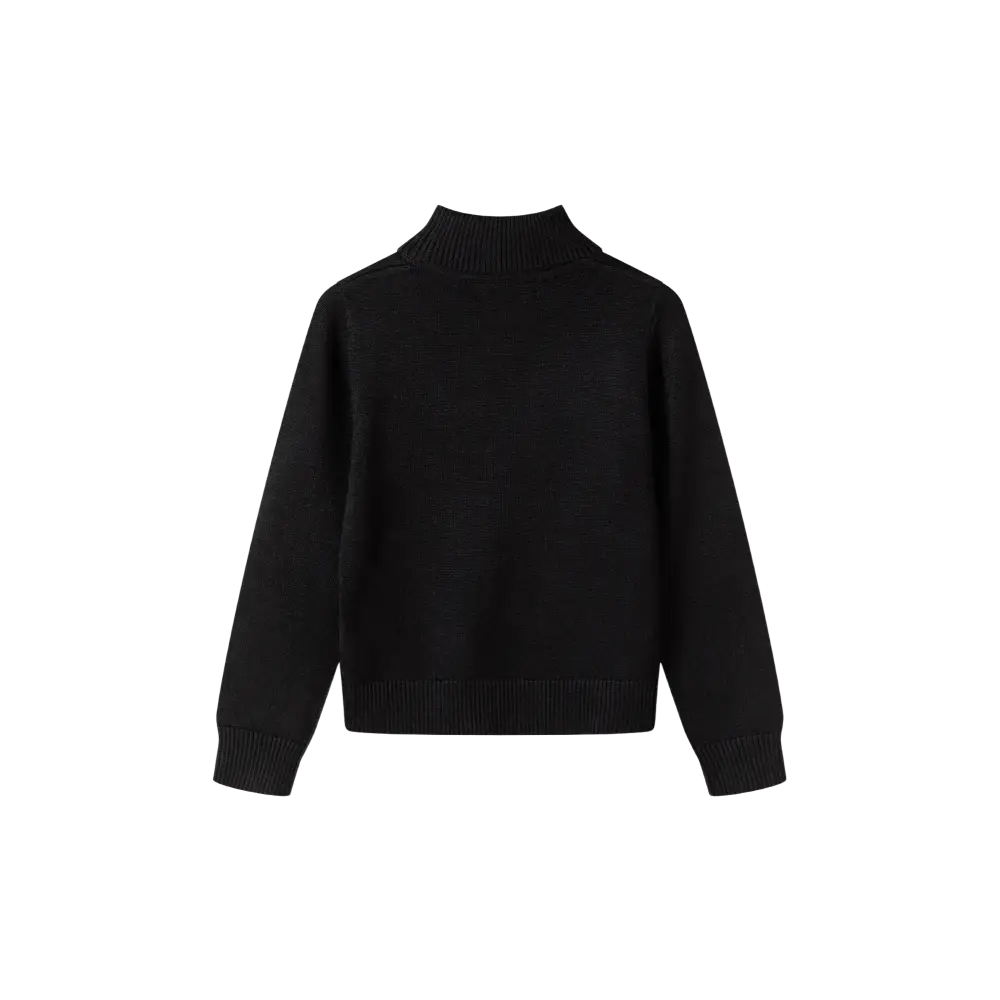 Black fine knit turtleneck jumper laid flat showing fold-over collar and ribbed cuffs on black background