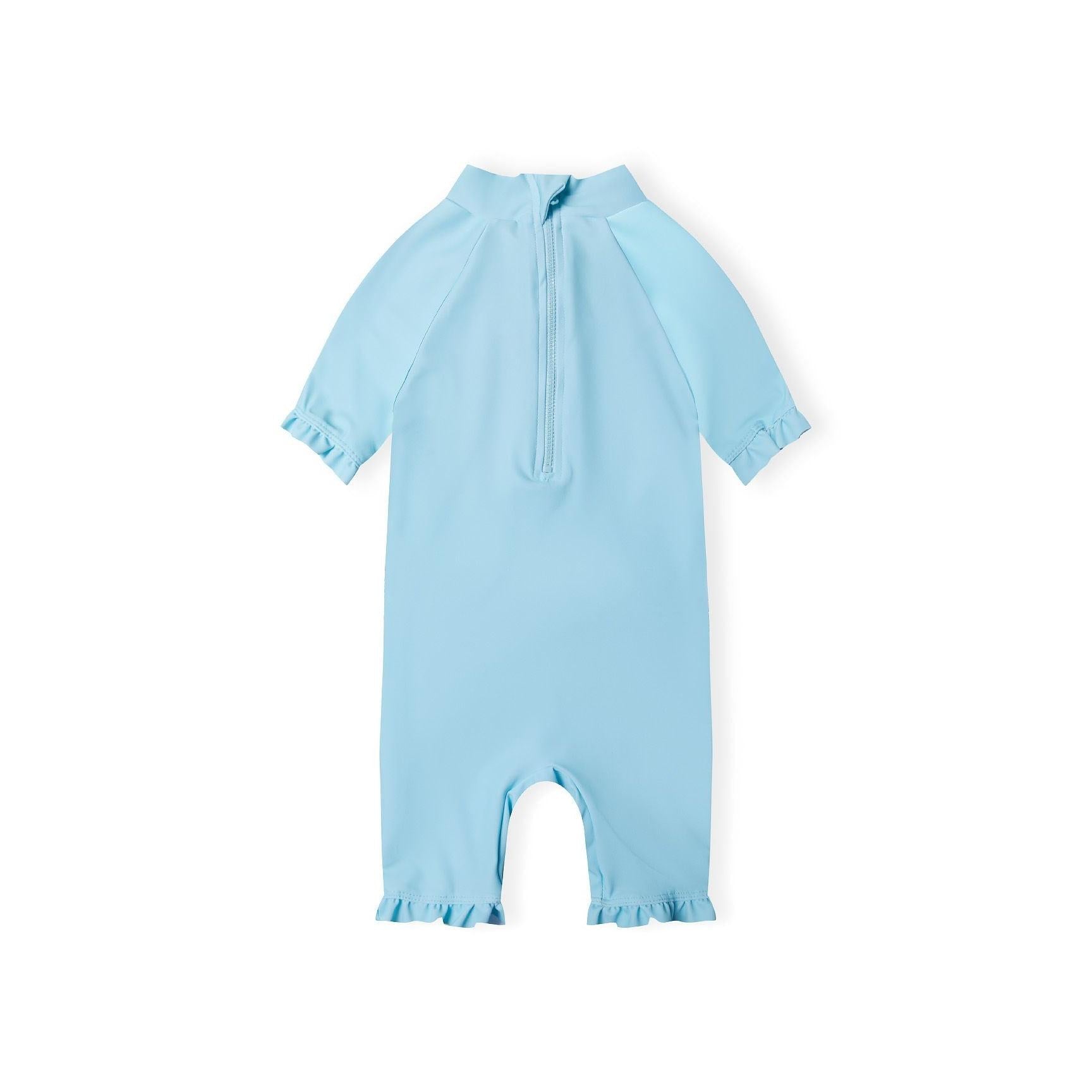 Light blue rash suit laid flat showing back view with zip closure and ruffle trim details on sleeves and legs