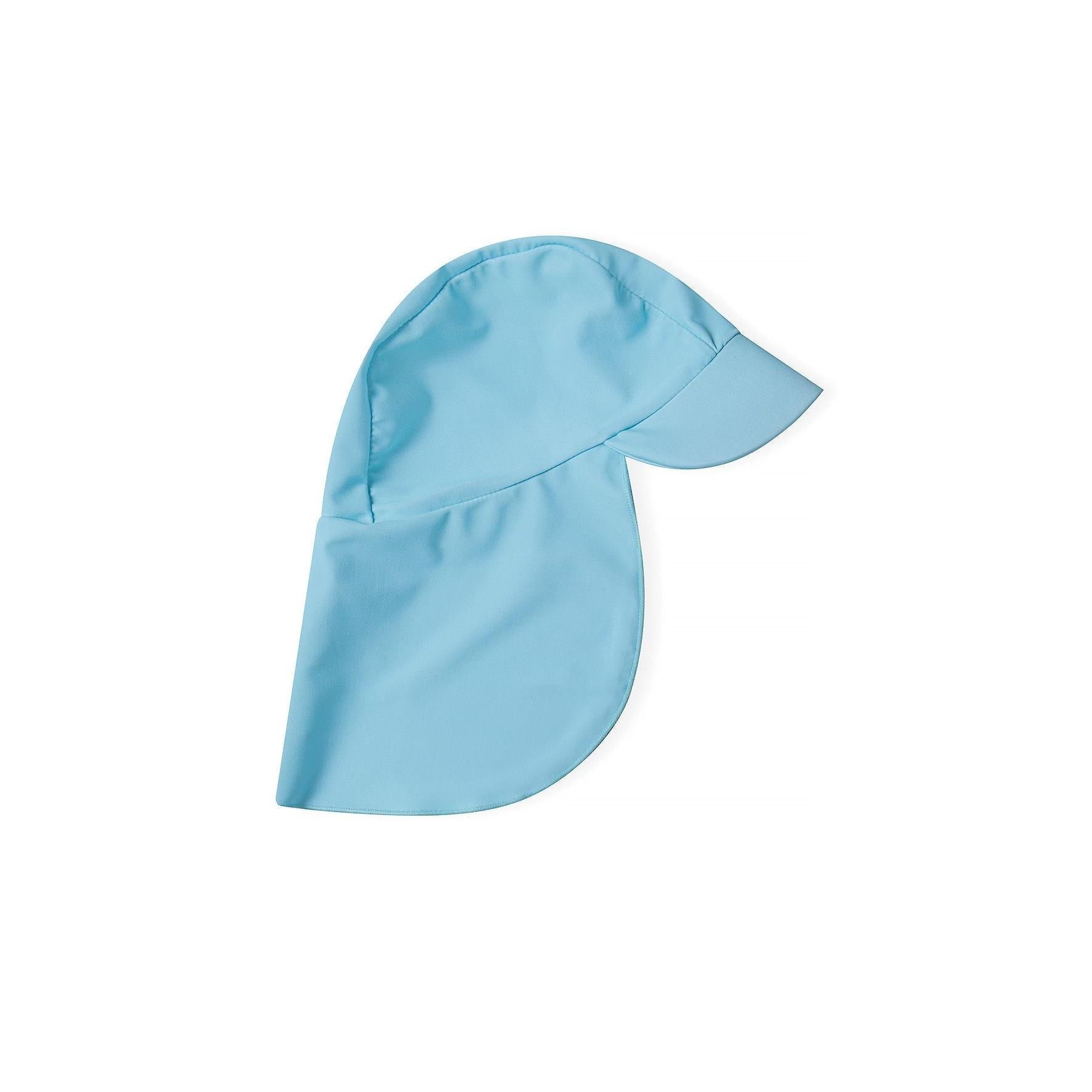 Light blue swim hat with neck protection flap and matching color scheme against white background