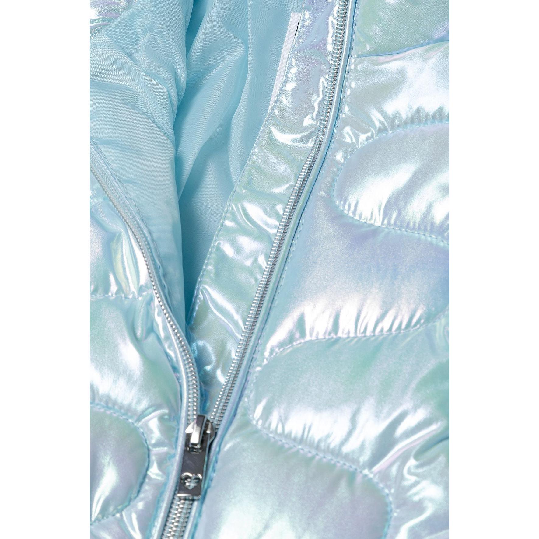 Close-up detail of iridescent blue quilted jacket showing diamond quilting pattern, front zip closure and pocket construction