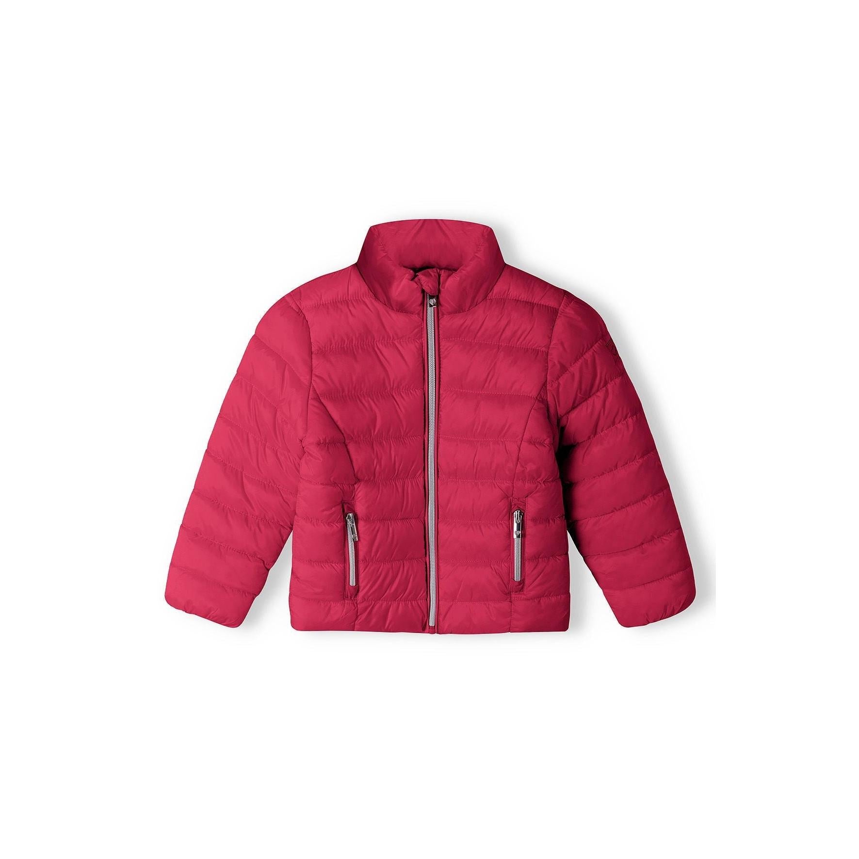 Back view of bright pink quilted padded jacket showing horizontal quilted pattern and full coverage design on white background