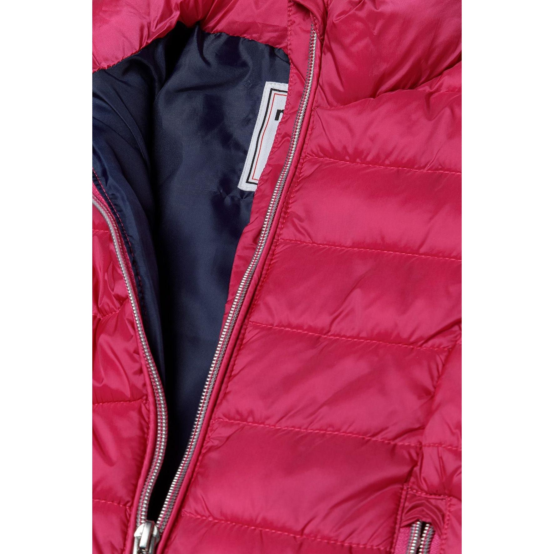 Close-up detail of pink padded jacket showing open front zip with navy blue lining and quilted exterior construction