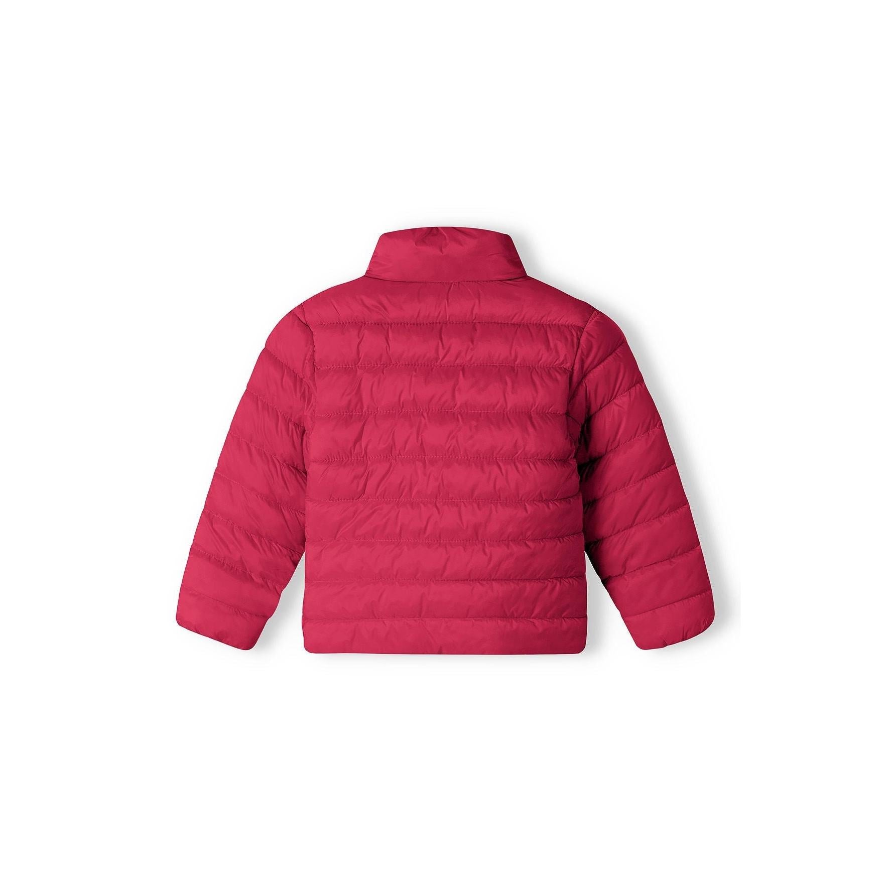 Back view of bright pink quilted padded jacket showing horizontal quilted pattern and full coverage design on white background