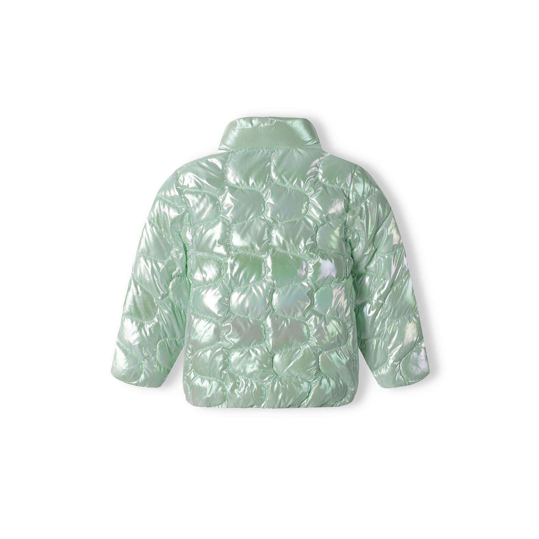 Back view of mint green quilted jacket showing diamond quilted pattern and high neck collar on white background