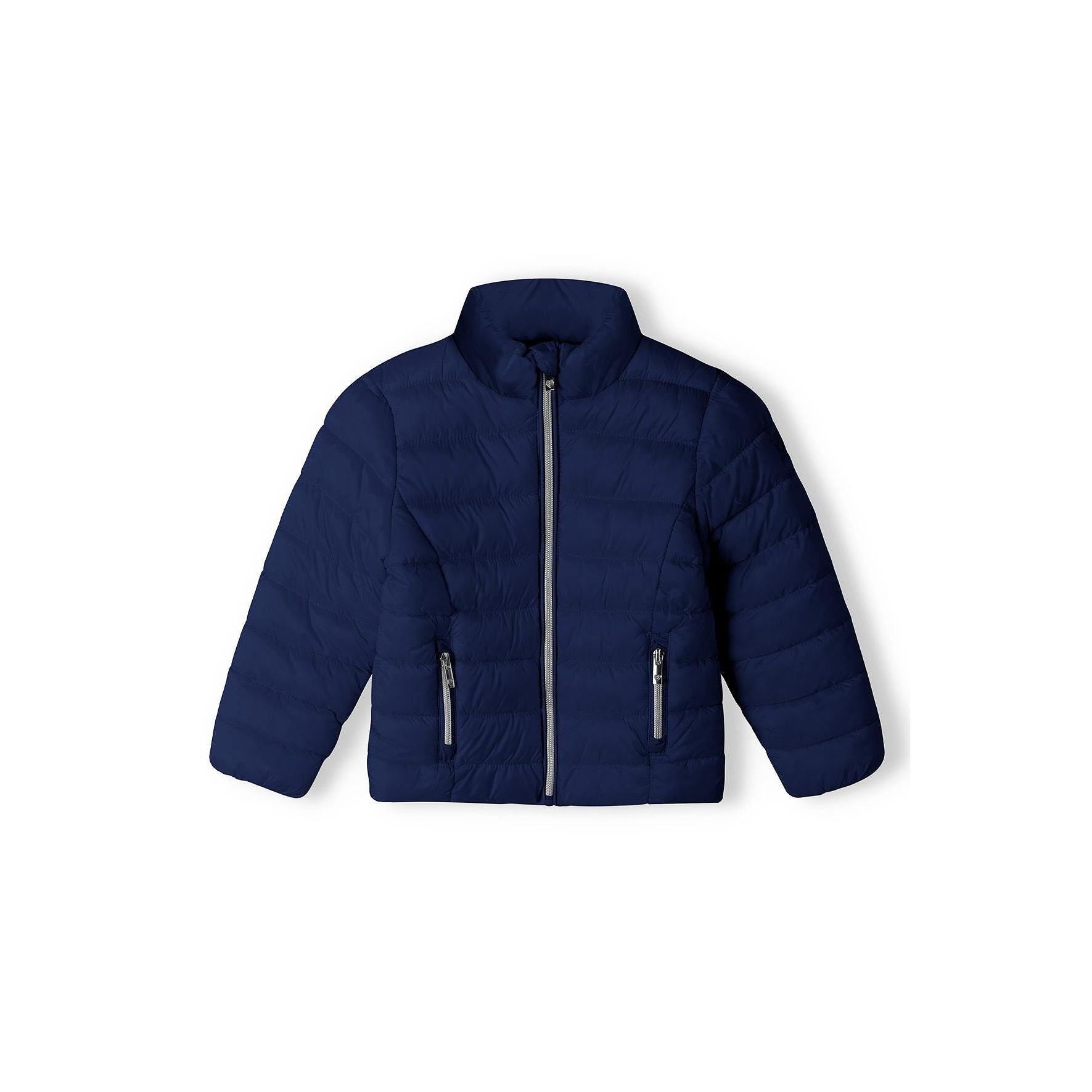 Back view of navy quilted padded jacket showing horizontal quilted pattern and stand collar design on white background