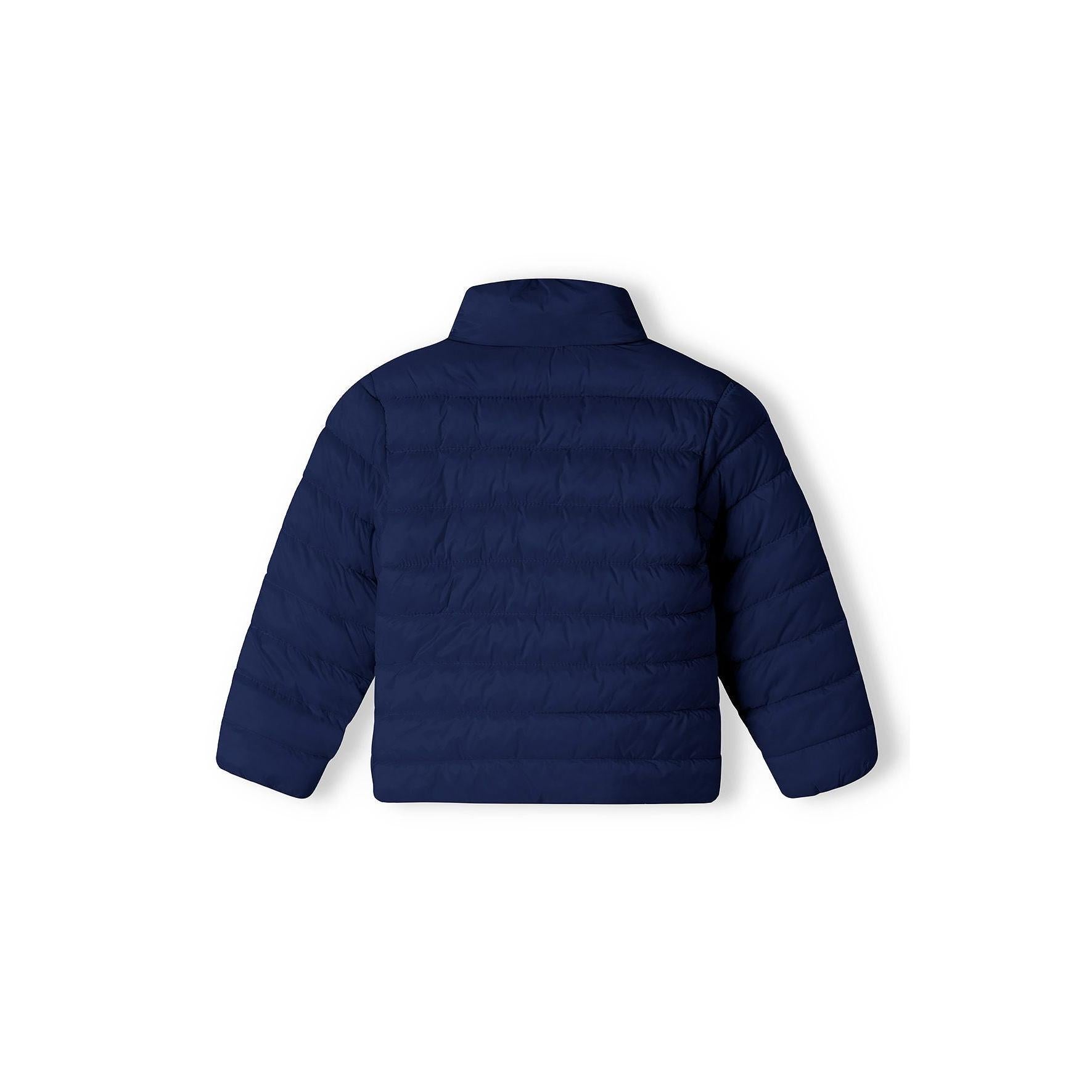 Back view of navy quilted padded jacket showing horizontal quilted pattern and stand collar design on white background