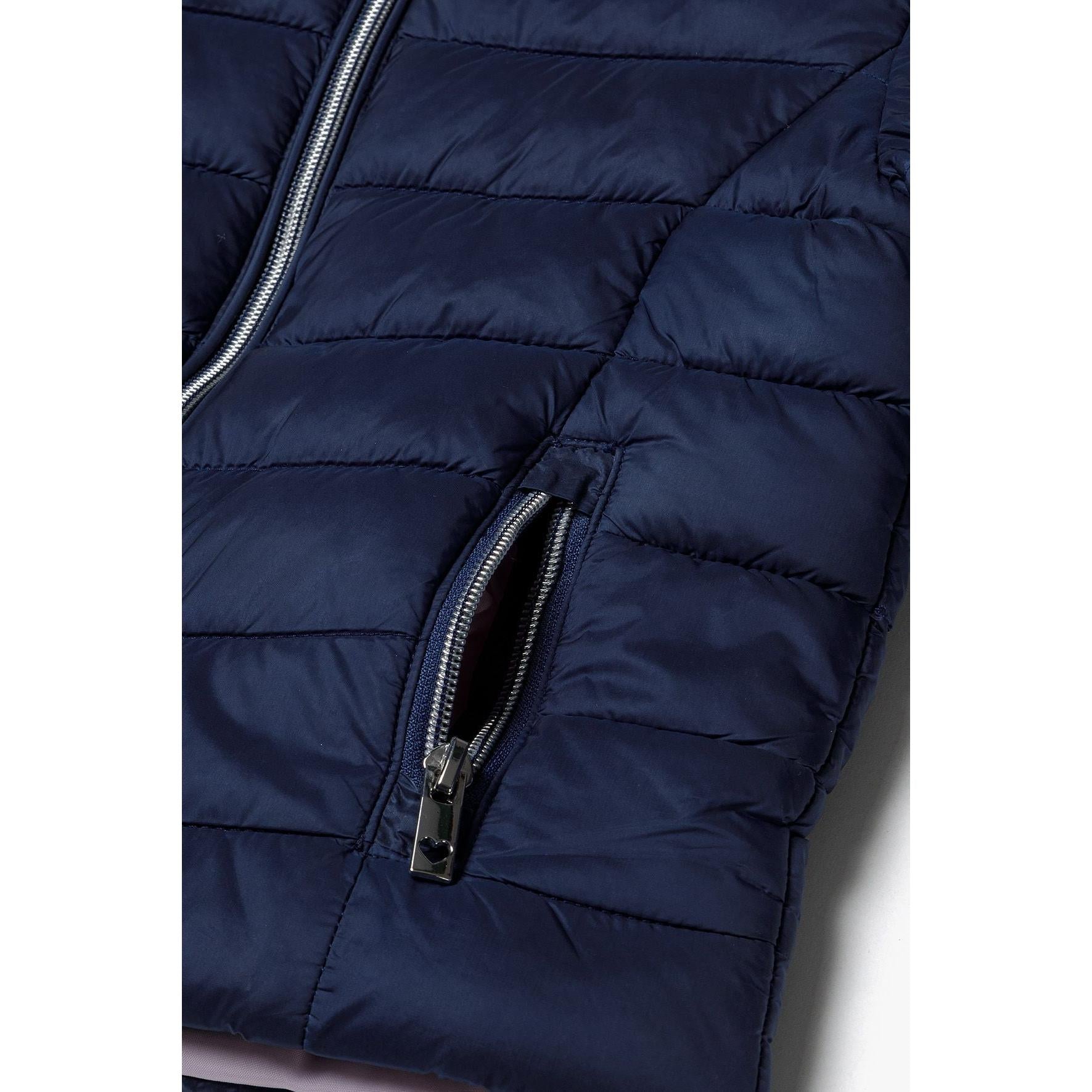 Close-up detail of navy quilted jacket showing zip pocket, quilted padding texture and metal zipper hardware