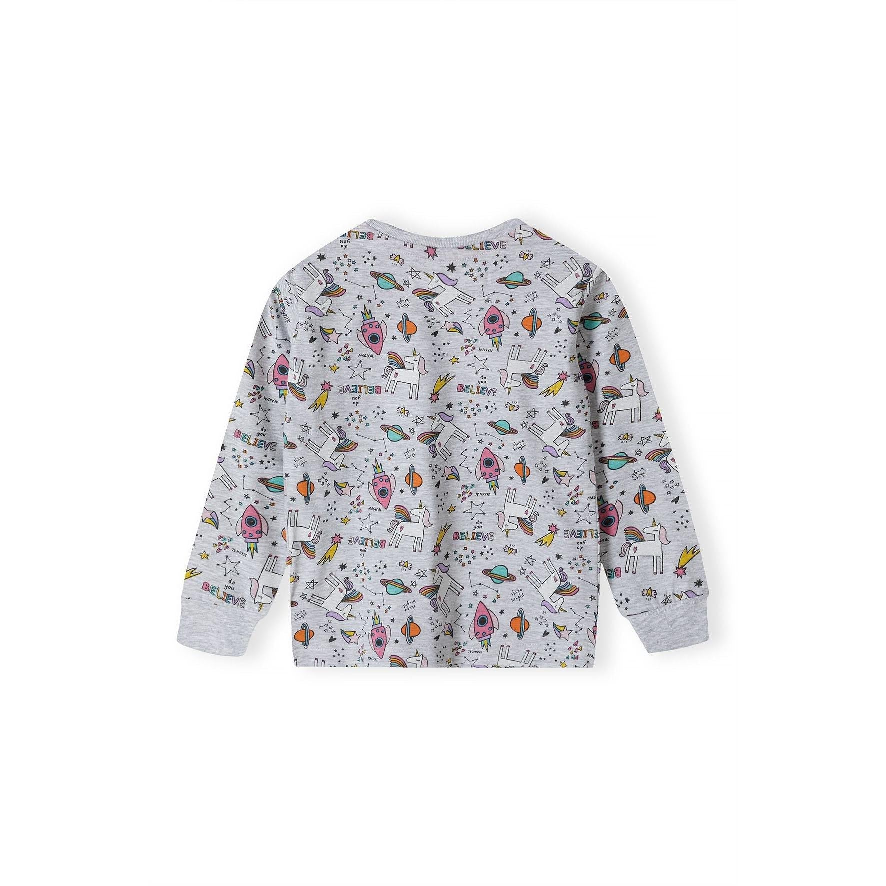 Back view of grey pyjama joggers with matching unicorn space print pattern and pink waistband trim on white background