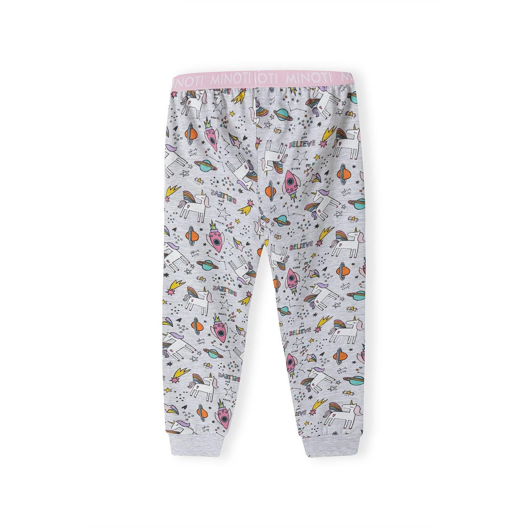 Back view of grey pyjama joggers with matching unicorn space print pattern and pink waistband trim on white background