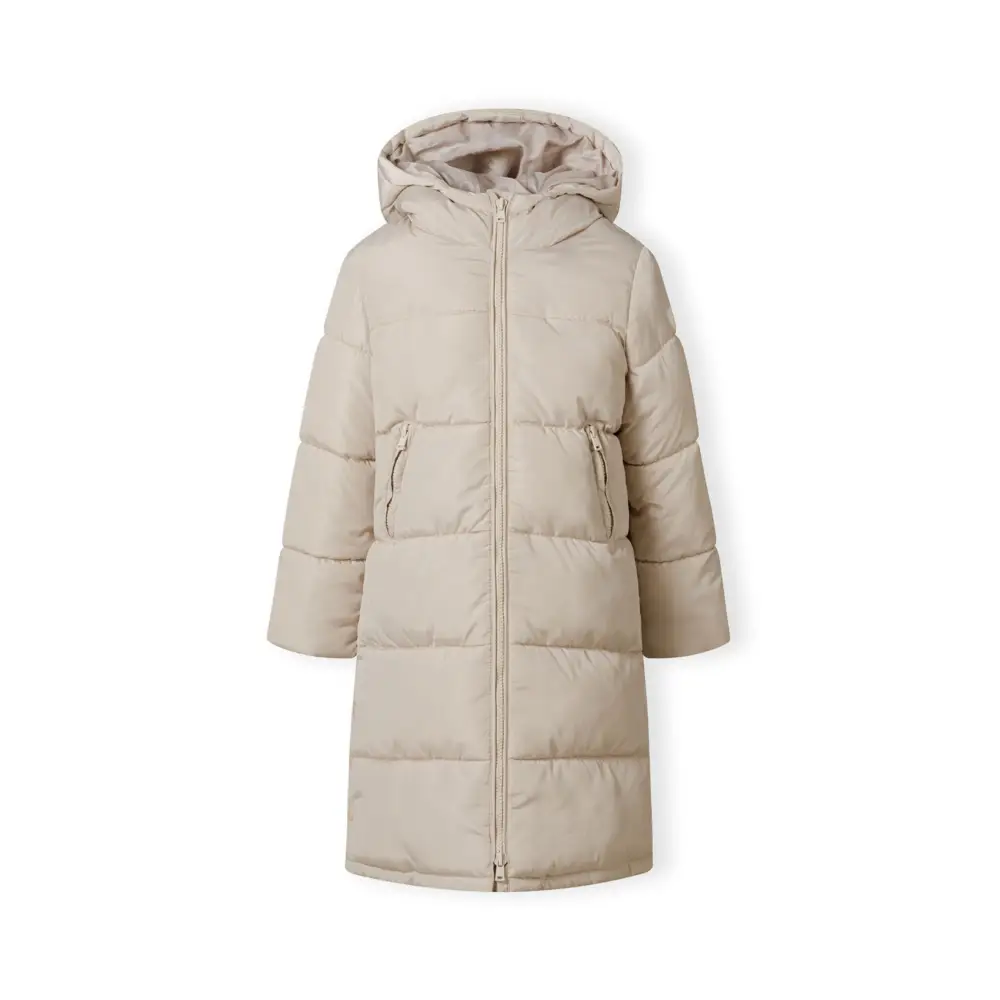 Beige quilted parka jacket displayed flat against white background, showing front view with hood, zip closure and side pockets