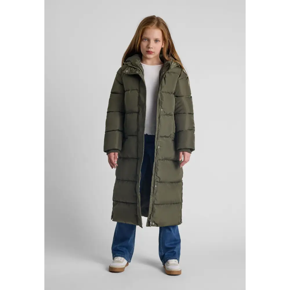 Back view of khaki quilted long coat laid flat showing horizontal quilting pattern, hood detail and overall silhouette on white background