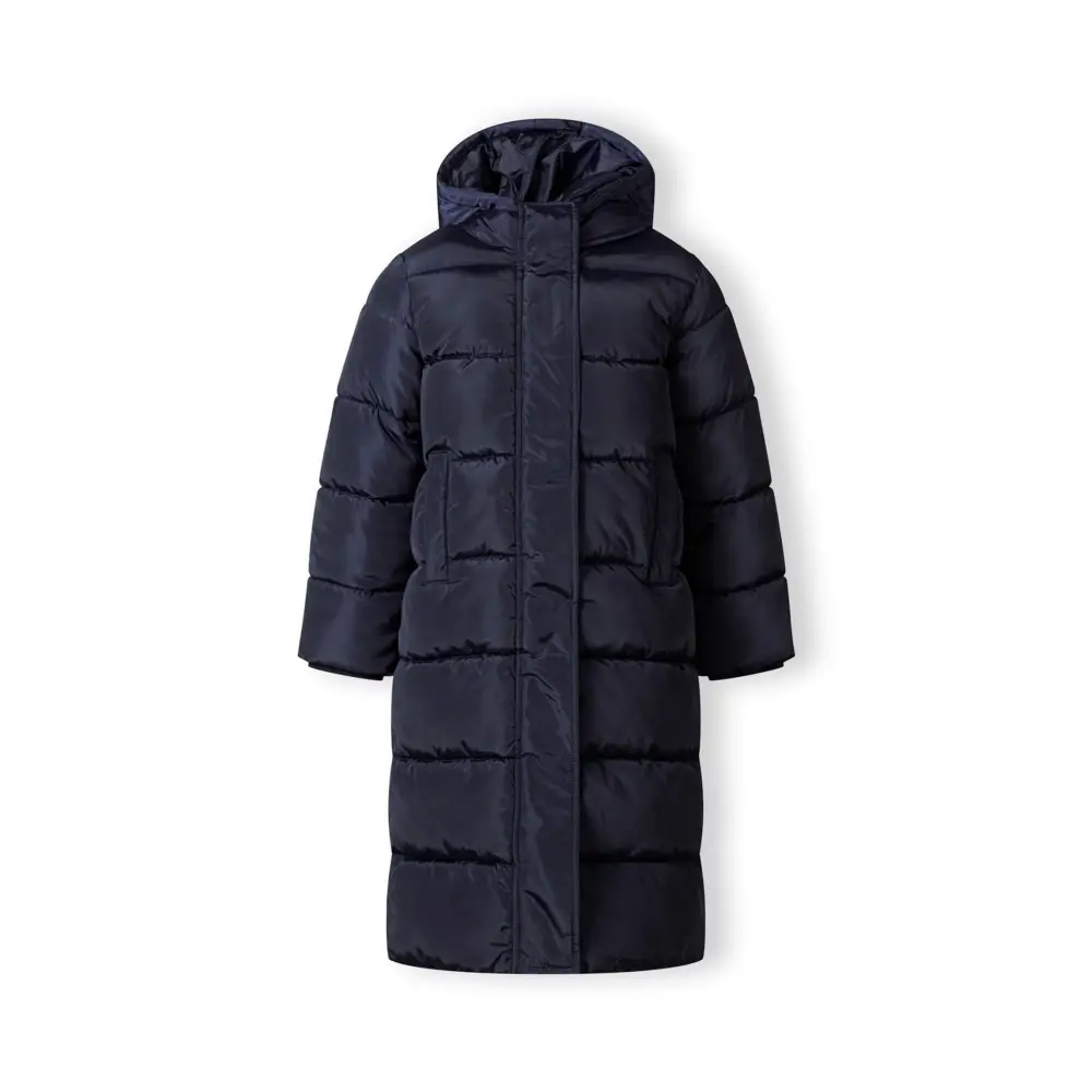 Close-up detail of navy quilted parka showing front pocket, zip closure and quilted padding texture