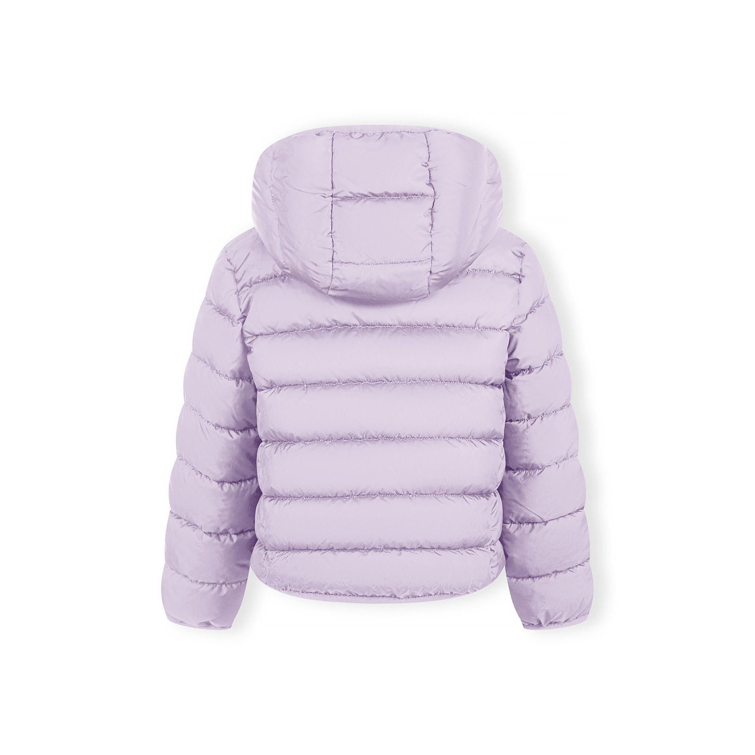 Detail view of lilac quilted jacket zip area and quilted padding pattern with hood visible