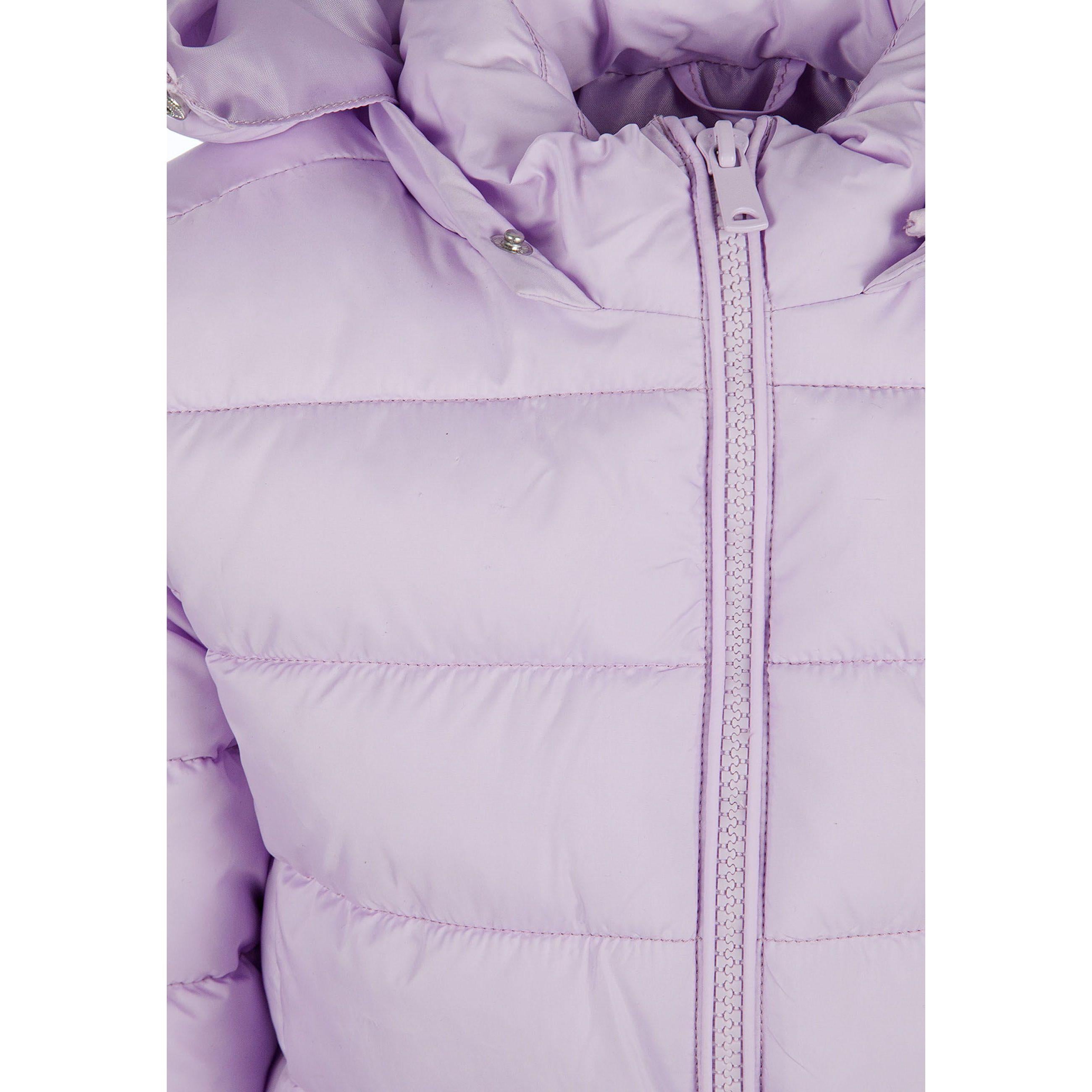 Close-up detail of lilac quilted jacket showing zip closure, quilted texture and hood construction