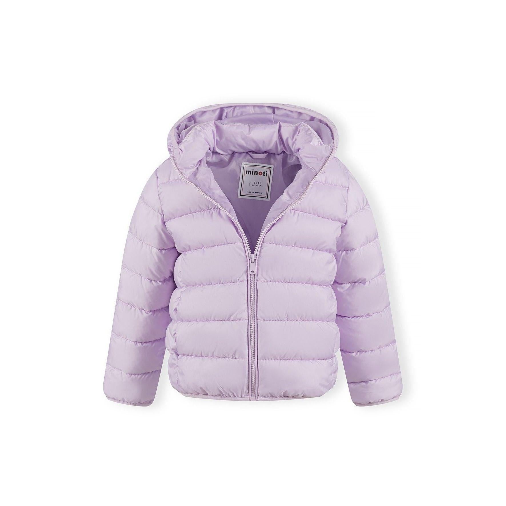 Detail view of lilac quilted jacket zip area and quilted padding pattern with hood visible