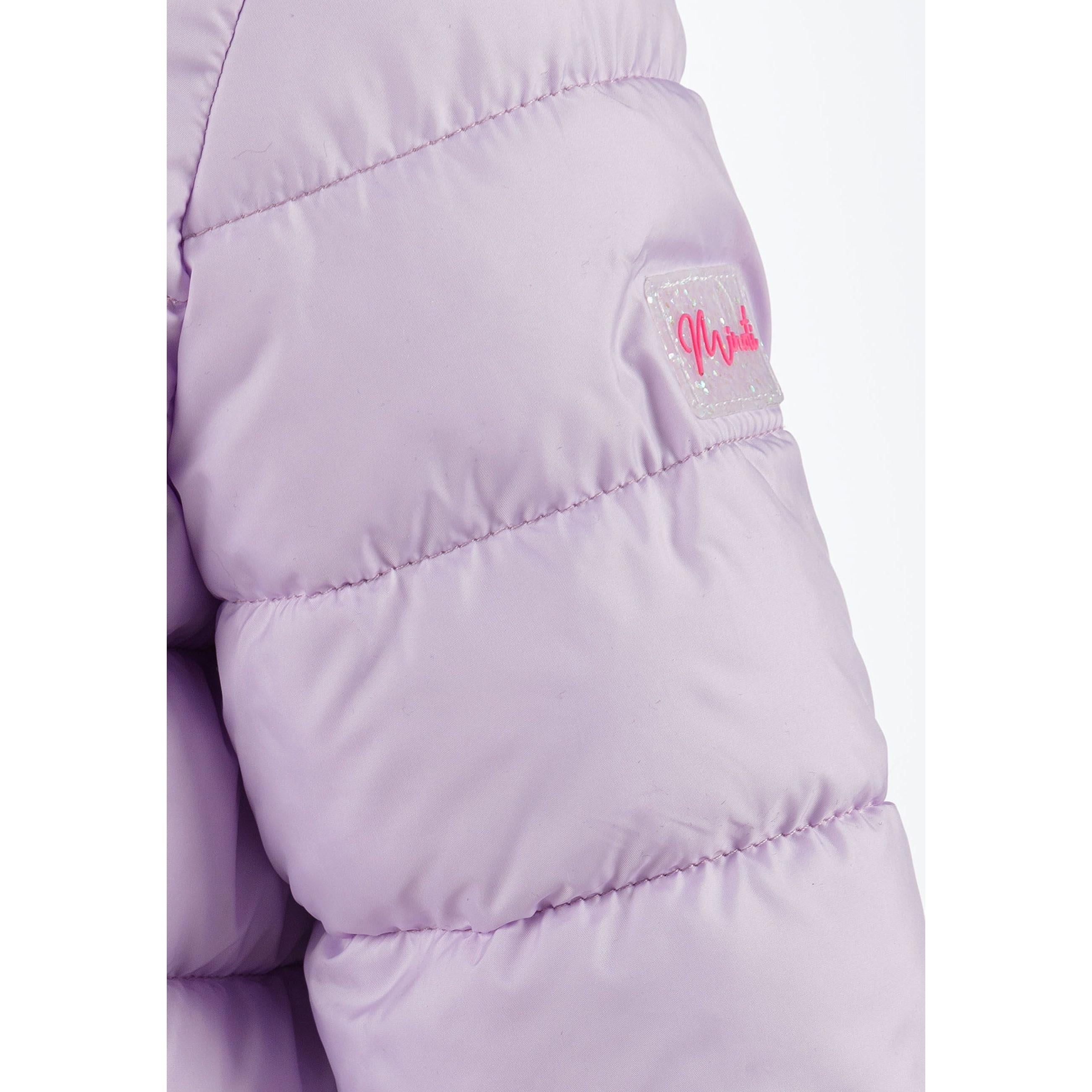 Detail view of lilac quilted jacket zip area and quilted padding pattern with hood visible