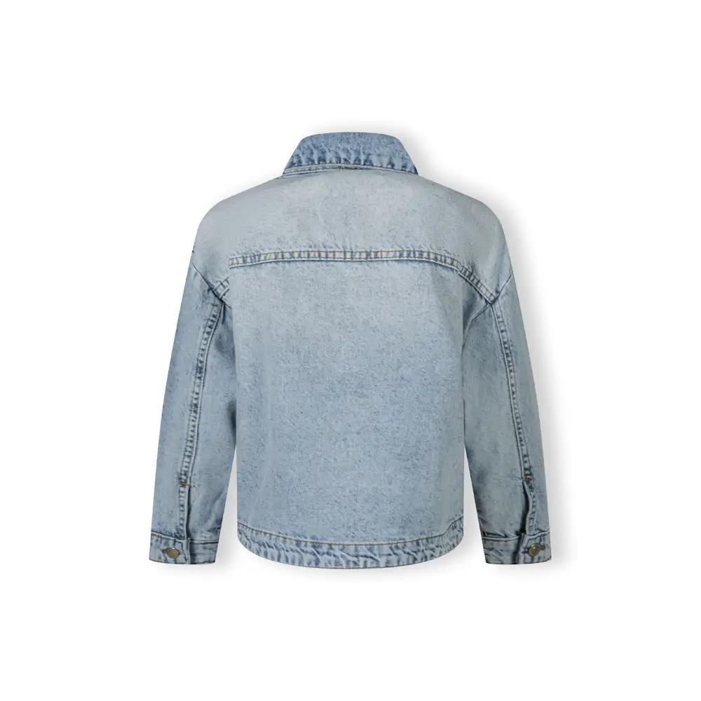 Back view of light blue acid wash denim jacket laid flat showing oversized fit, collar detail and contrast stitching against white background