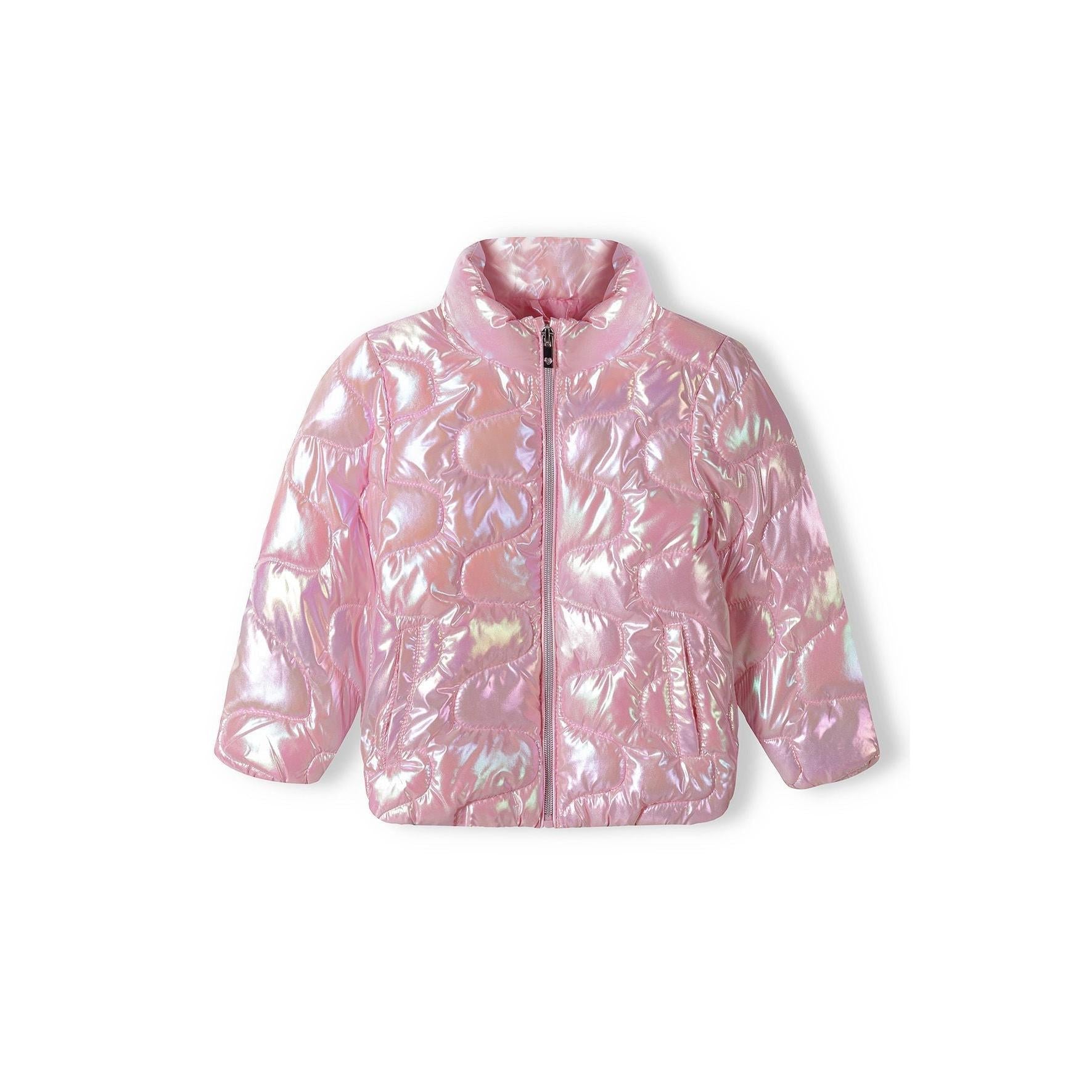 Back view of pink quilted padded jacket showing diamond quilting pattern and high collar design on white background