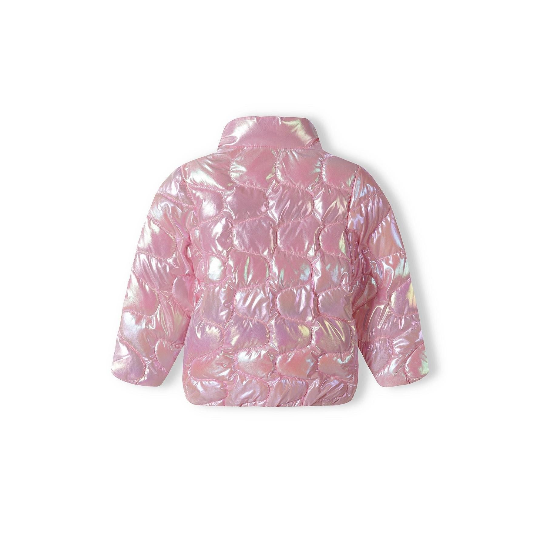 Back view of pink quilted padded jacket showing diamond quilting pattern and high collar design on white background