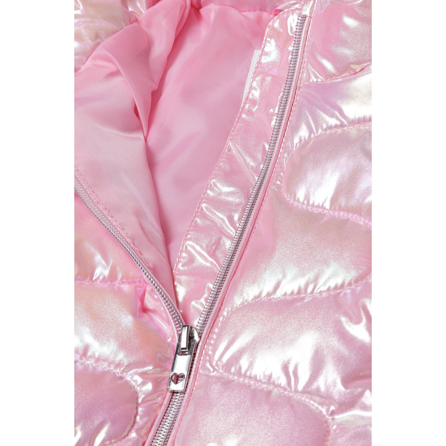 Close-up detail of pink jacket front zipper and quilted padding texture showing shimmery fabric finish