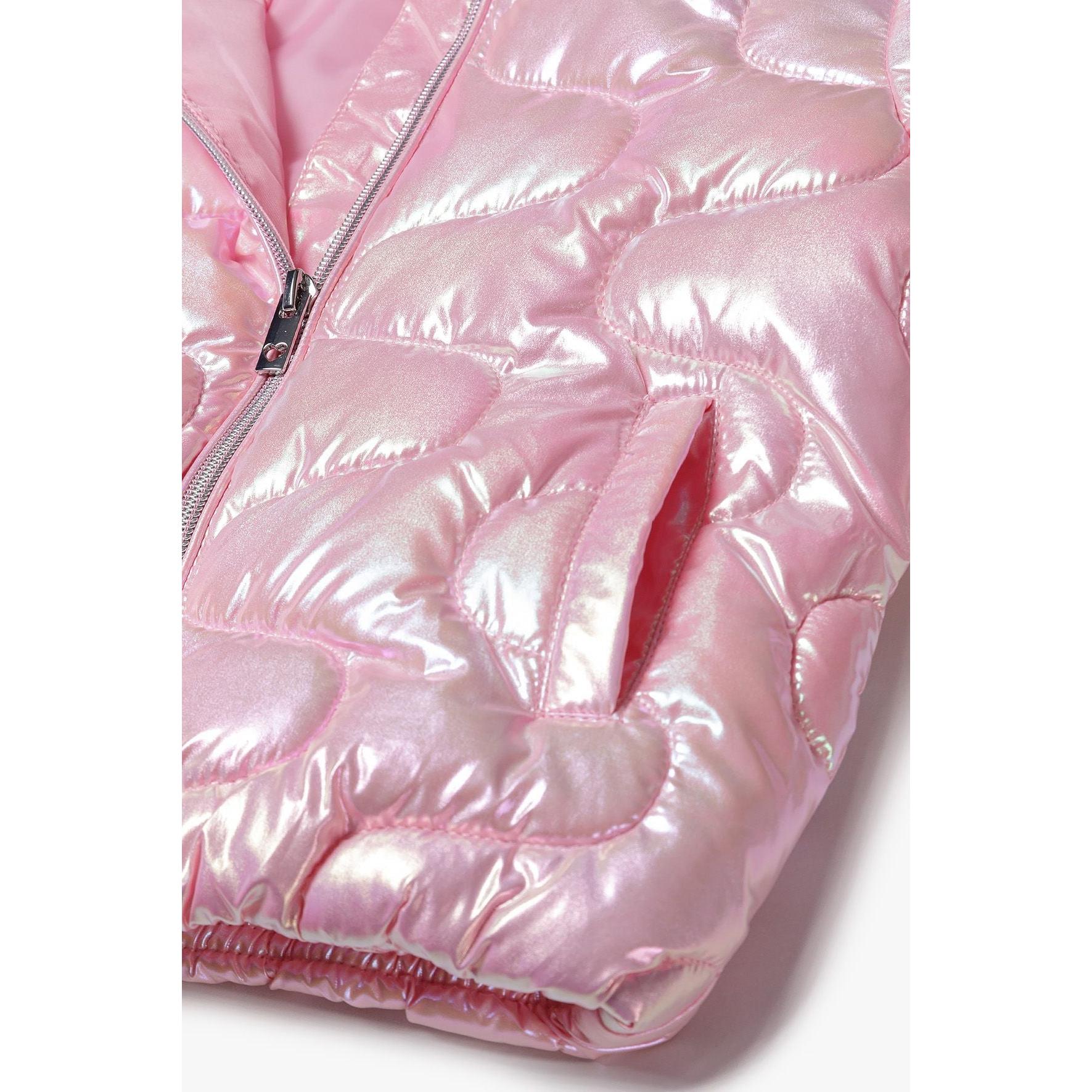 Close-up detail of pink jacket front zipper and quilted padding texture showing shimmery fabric finish