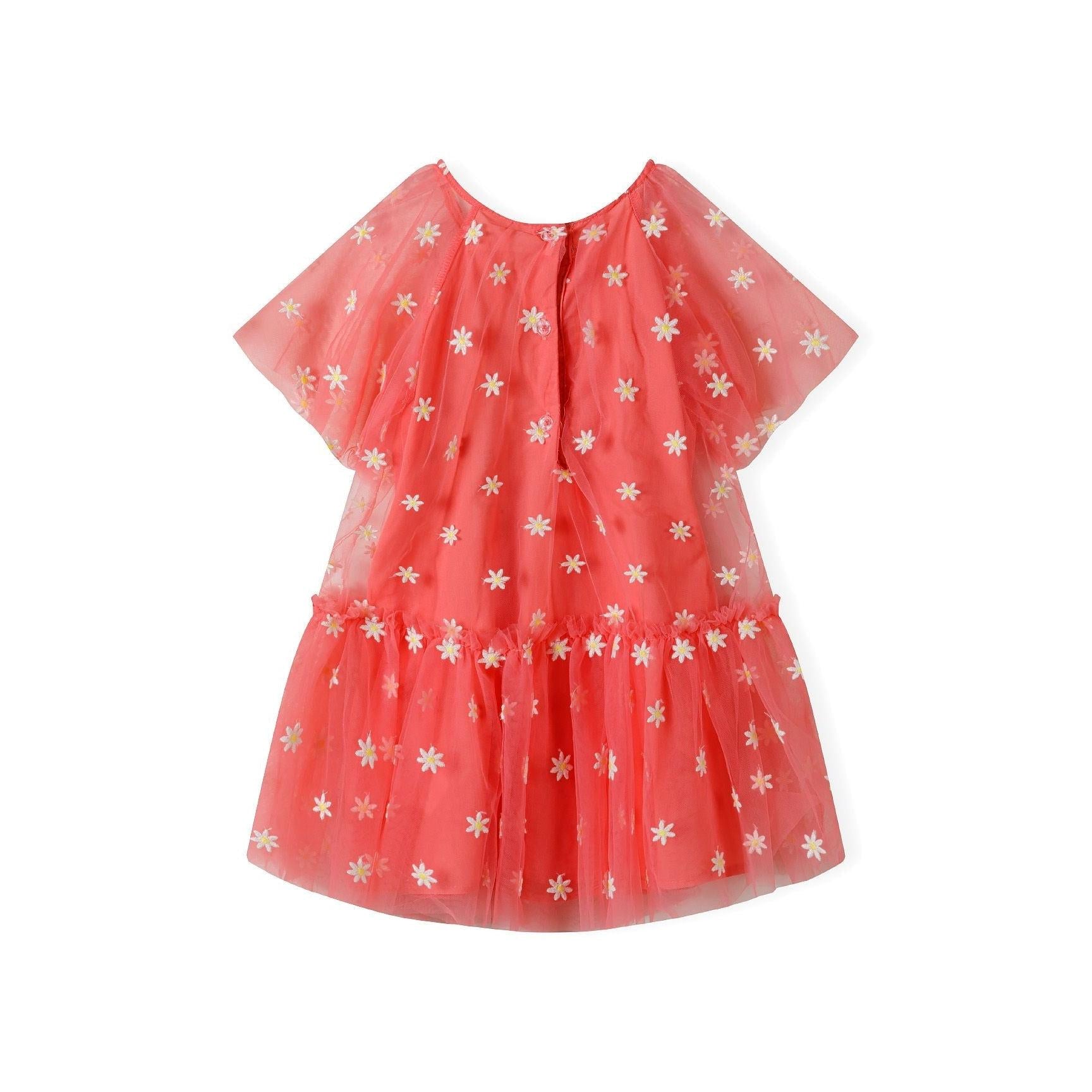Coral party dress with floral embroidery back view showing button closure on white background