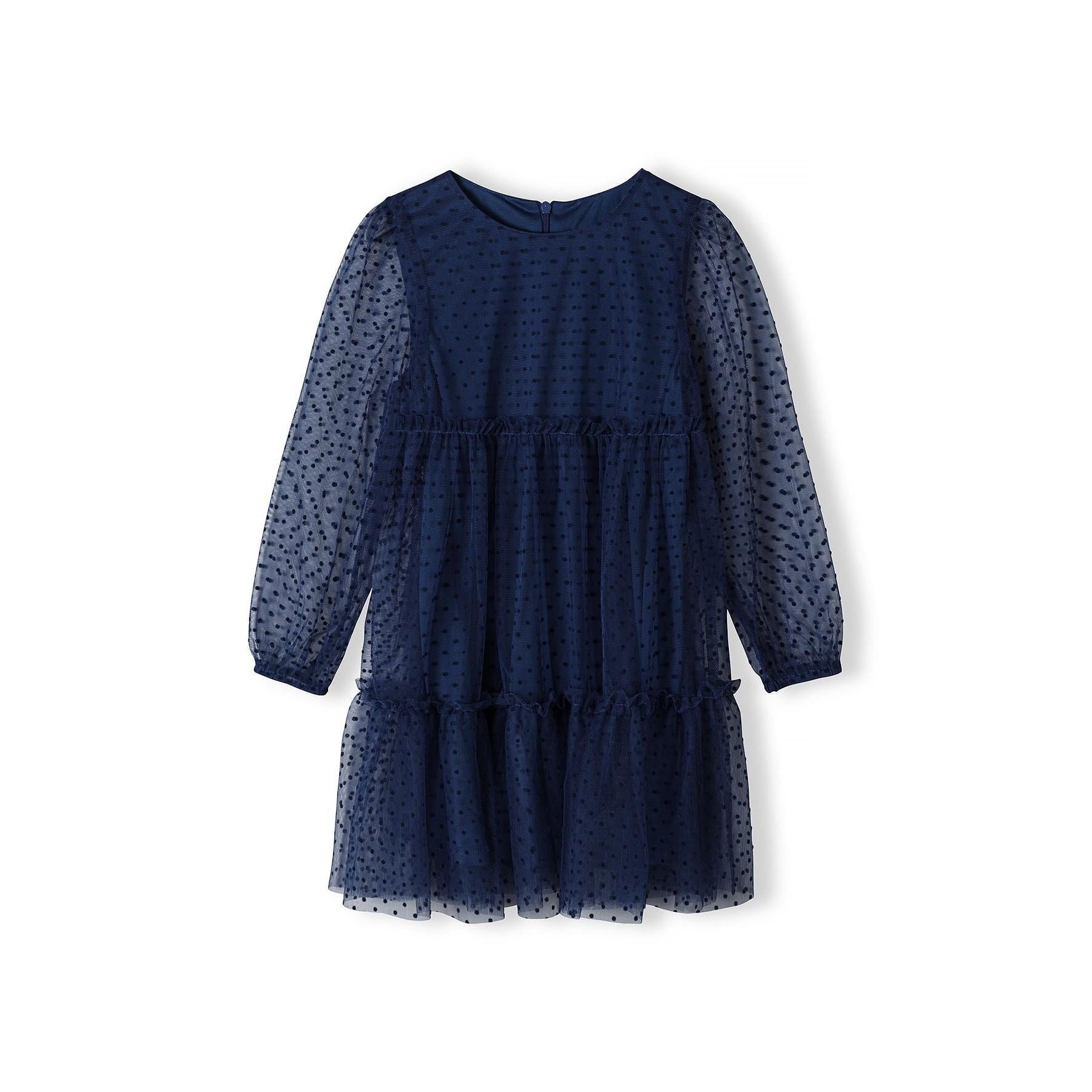 Back view of navy party dress showing dotted net fabric pattern, balloon sleeve construction, tiered skirt design and back zip closure on white background