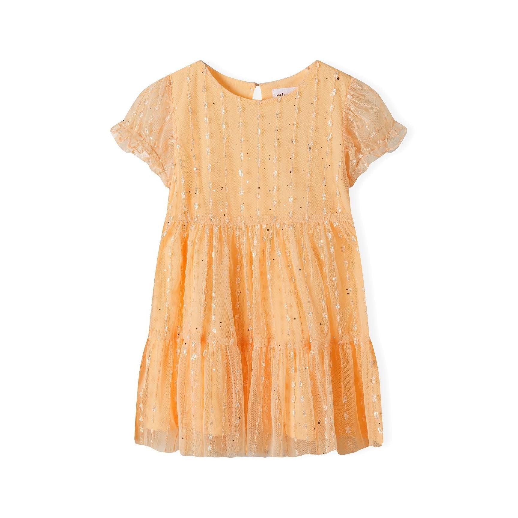 Back view of orange sparkle party dress showing keyhole button closure, tiered tulle construction and mesh sleeve details on white background