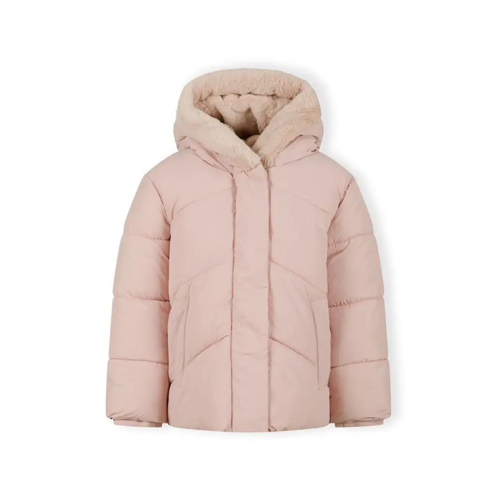 Side profile view of girl in pink hooded padded jacket showing quilted texture and hood detail with faux fur lining