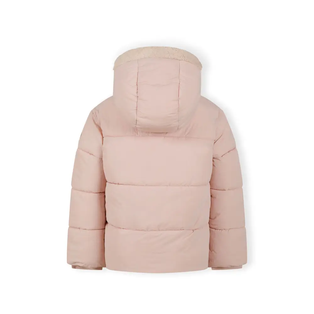 Pink padded jacket laid flat showing Minoti label, quilted pattern, hood with faux fur trim and front zip closure