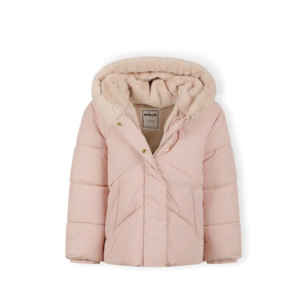 Pink padded jacket laid flat showing Minoti label, quilted pattern, hood with faux fur trim and front zip closure