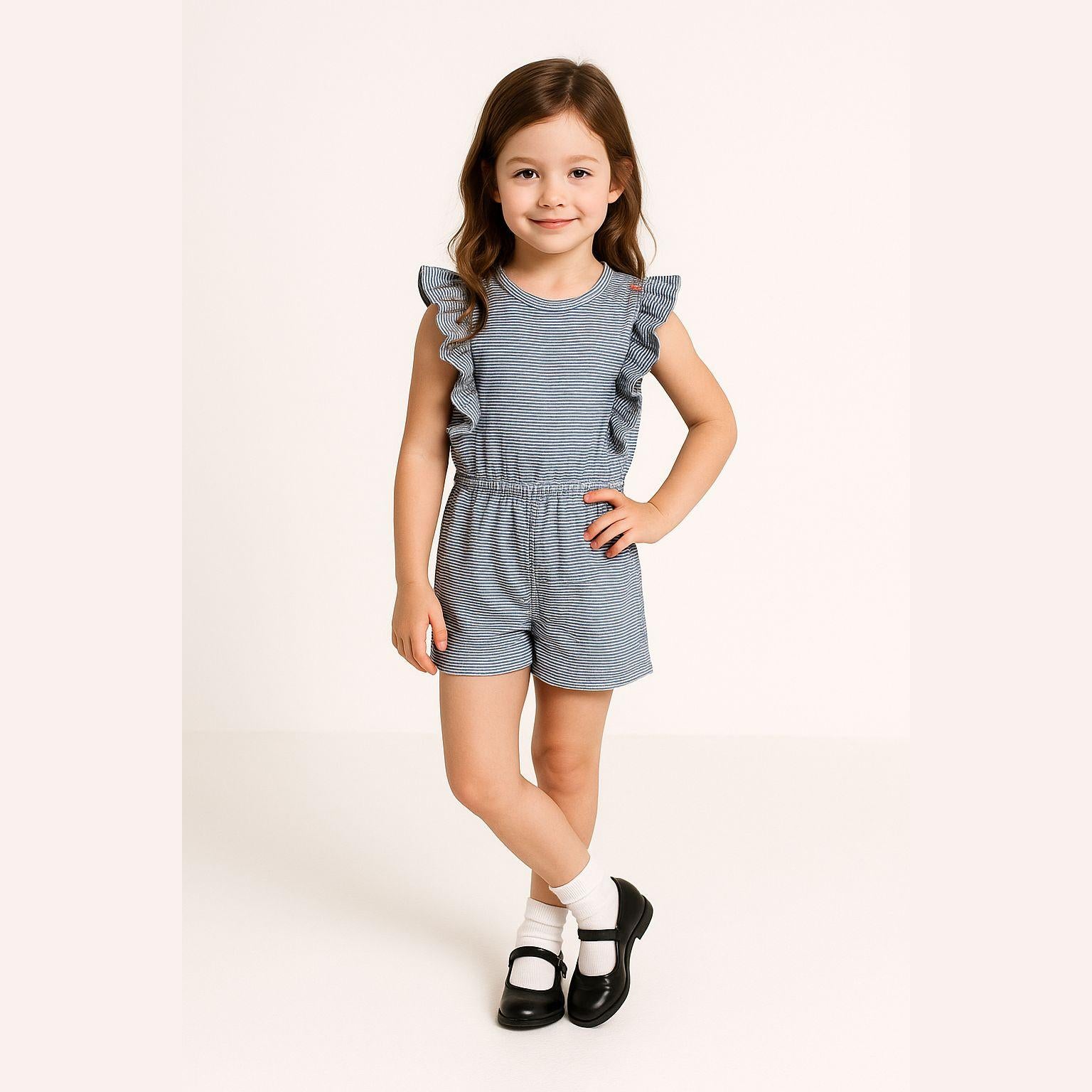 Young girl wearing navy and white striped playsuit with frill sleeves, smiling at camera against light pink background, hands on hips pose