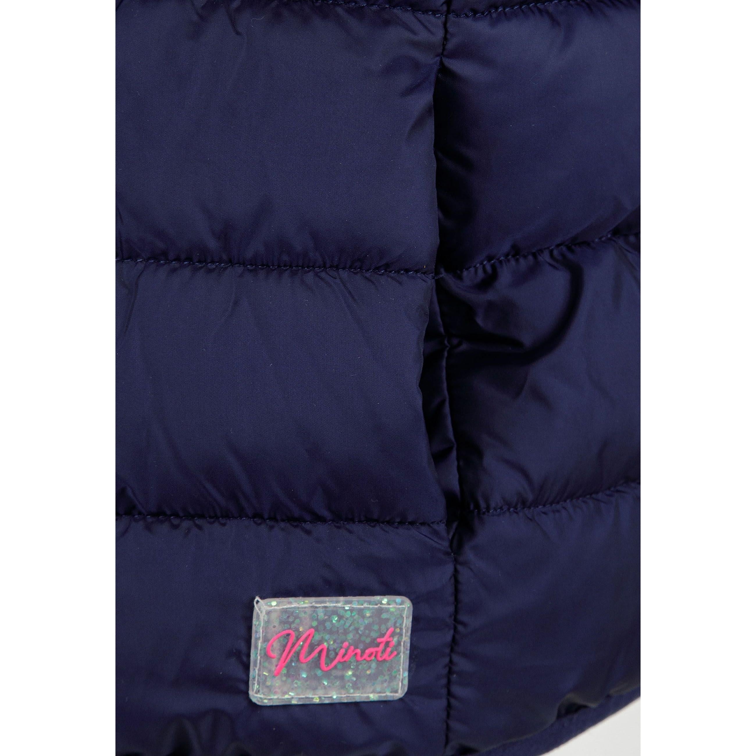 Close-up detail of navy quilted fabric texture showing stitched panels and holographic Minoti brand patch
