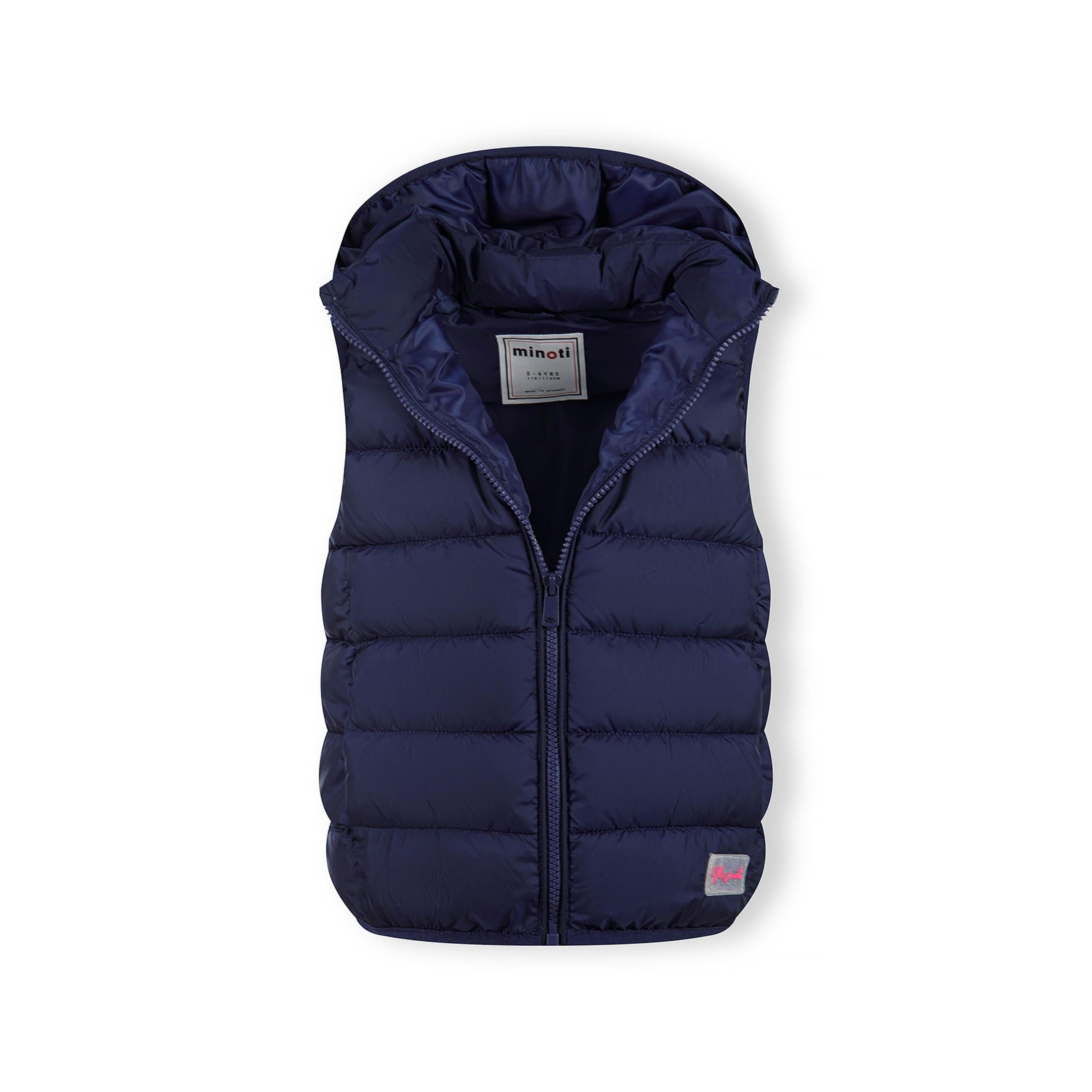 Navy quilted gilet laid flat showing detachable hood, full-zip front closure and Minoti brand label on interior