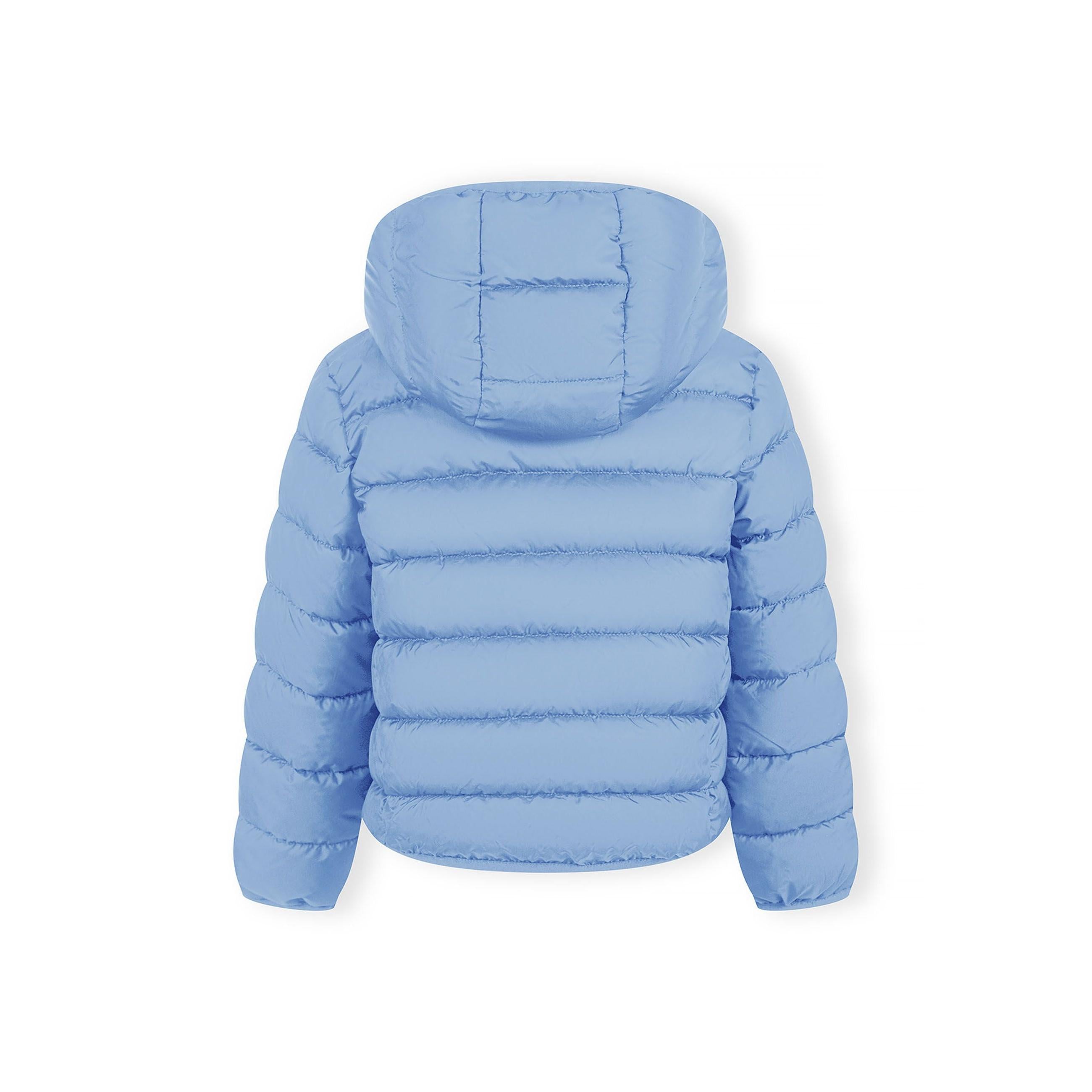 Close-up detail of blue quilted jacket showing zip closure, quilted padding texture and stitching on blue fabric