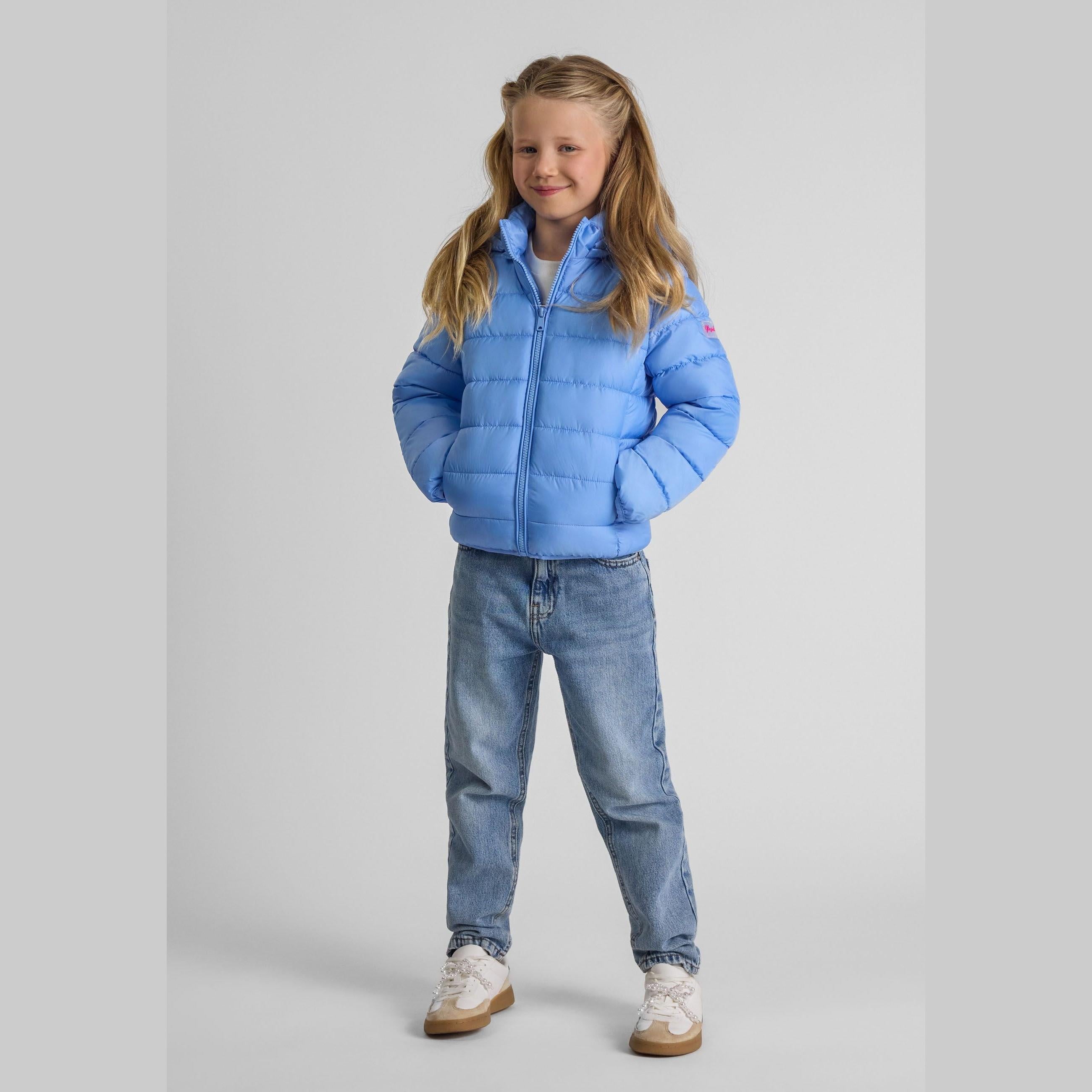 Blue quilted jacket with detachable hood laid flat showing Minoti brand label and full zip closure on white background