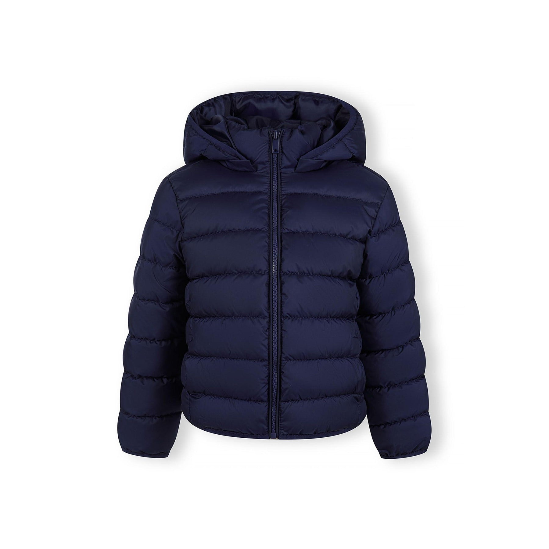 Front view of navy quilted jacket with detachable hood and zip closure against white background showing construction details