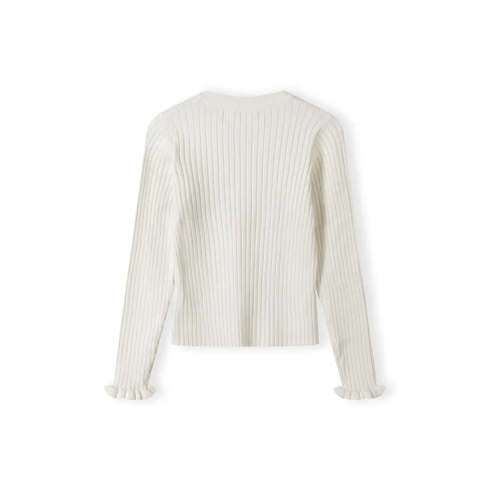Back view of white ribbed jumper showing ribbed knit texture and frill cuff details on plain white background