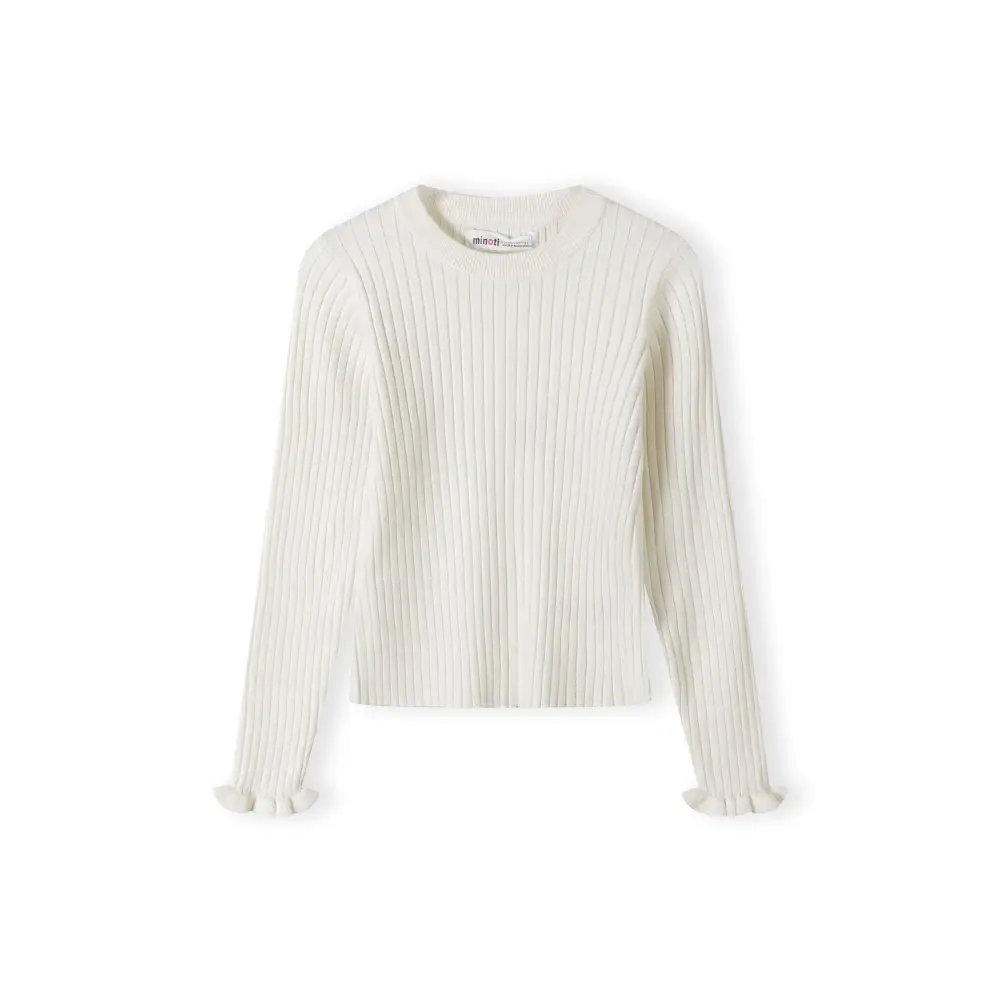 Back view of white ribbed jumper showing ribbed knit texture and frill cuff details on plain white background