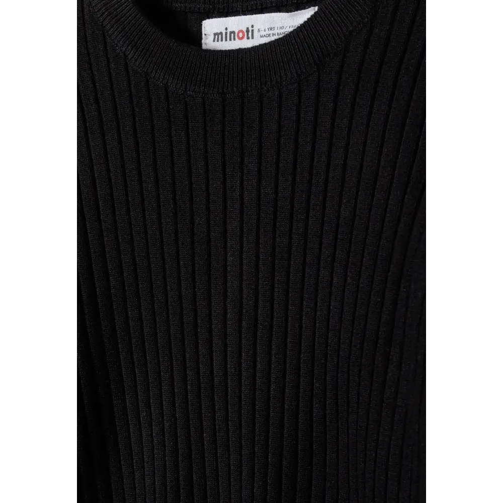 Close-up of black ribbed jumper neckline showing Minoti label and ribbed knit texture detail