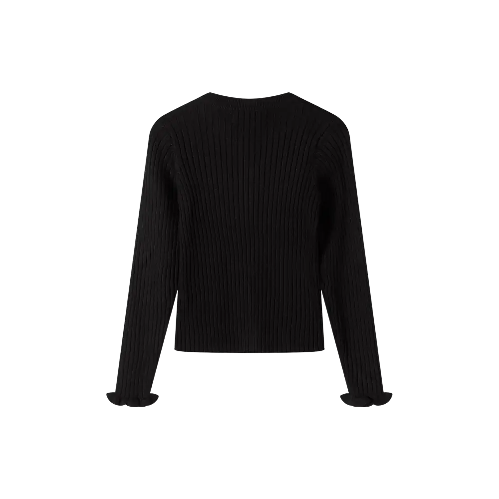 Back view of black ribbed jumper showing ribbed texture and long sleeves on black background