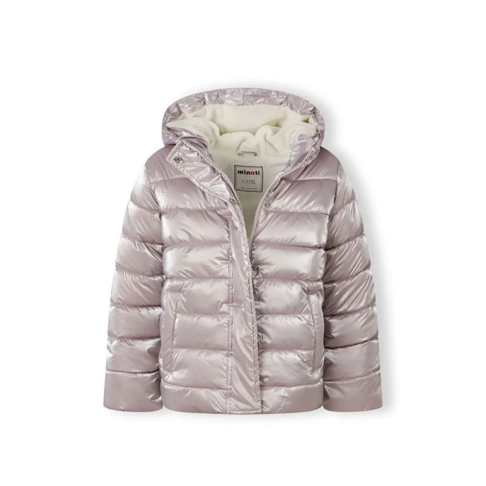 Close-up detail of lilac padded jacket showing quilted texture, zip closure and front pocket