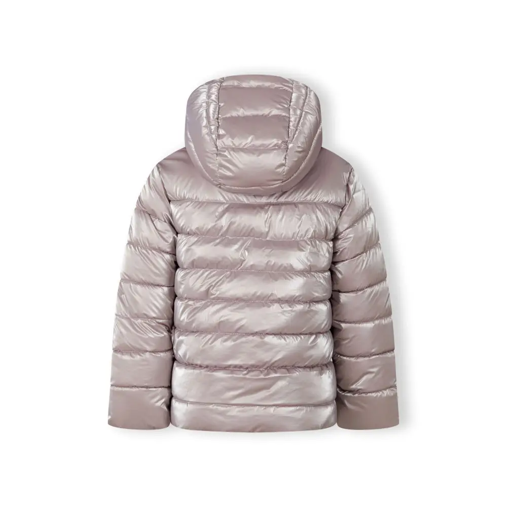 Back view of lilac padded winter jacket showing quilted pattern and hood design on white background