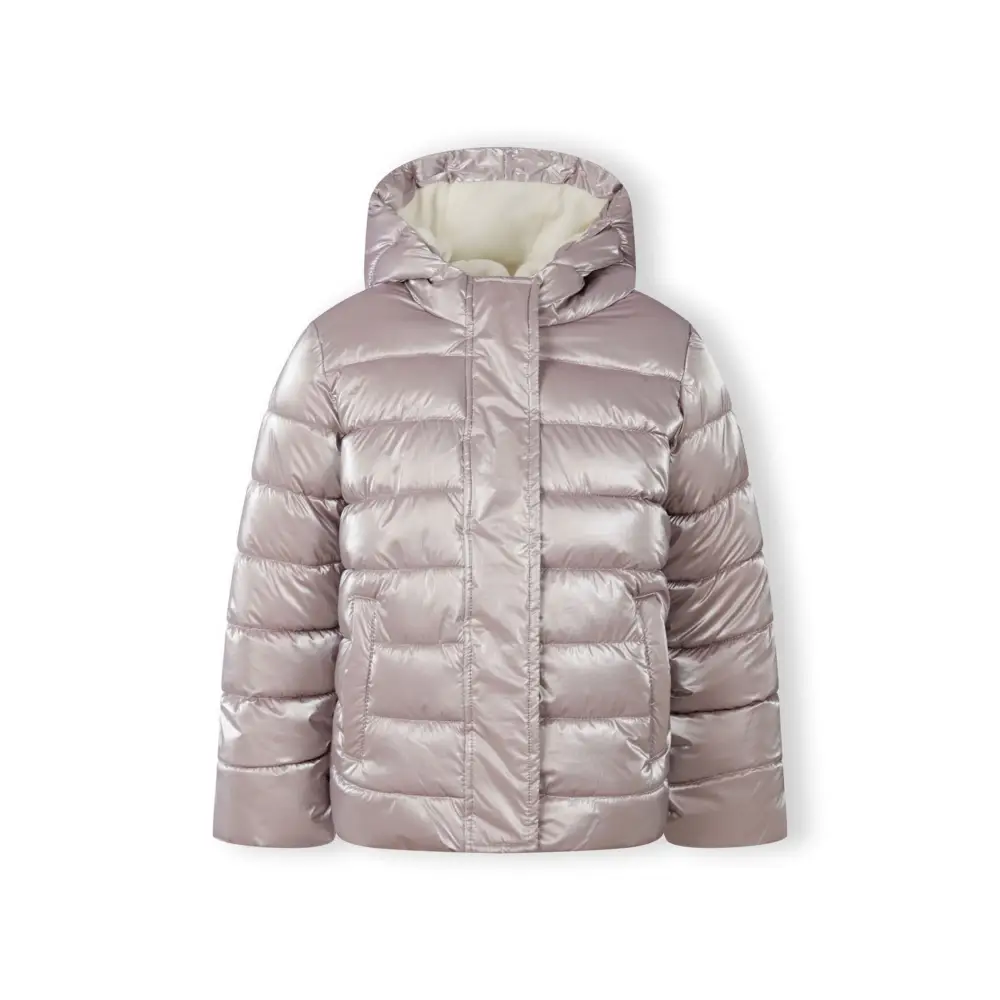 Back view of lilac padded winter jacket showing quilted pattern and hood design on white background