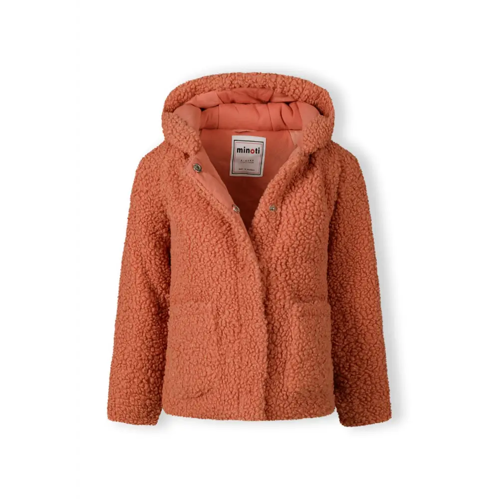 Coral orange teddy fleece jacket with hood displayed flat on white background, showing soft plush texture and front zip closure