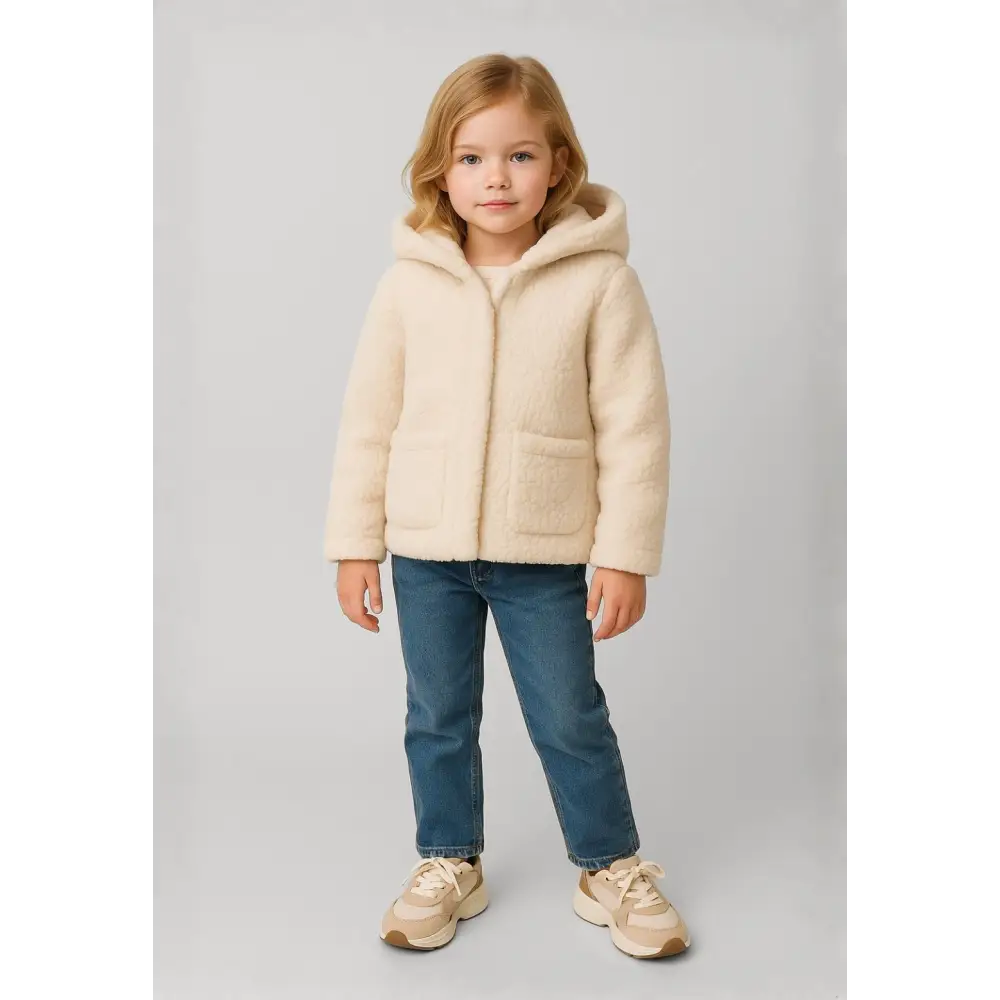 Young blonde girl wearing cream teddy fleece hooded jacket with blue jeans and beige sneakers, standing against light grey background
