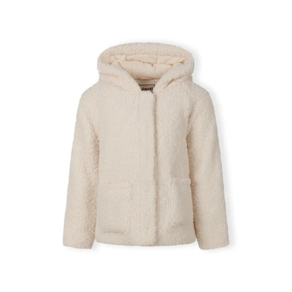 Back view of cream teddy fleece hooded jacket showing plush texture and hood detail on white background