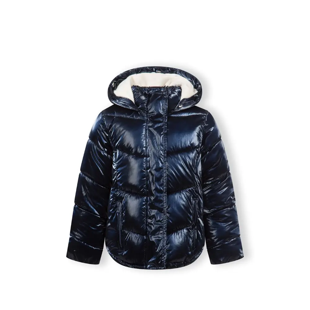 Navy metallic quilted winter jacket laid flat showing front zip closure, hood with detachable faux fur trim, and ribbed cuffs against white background