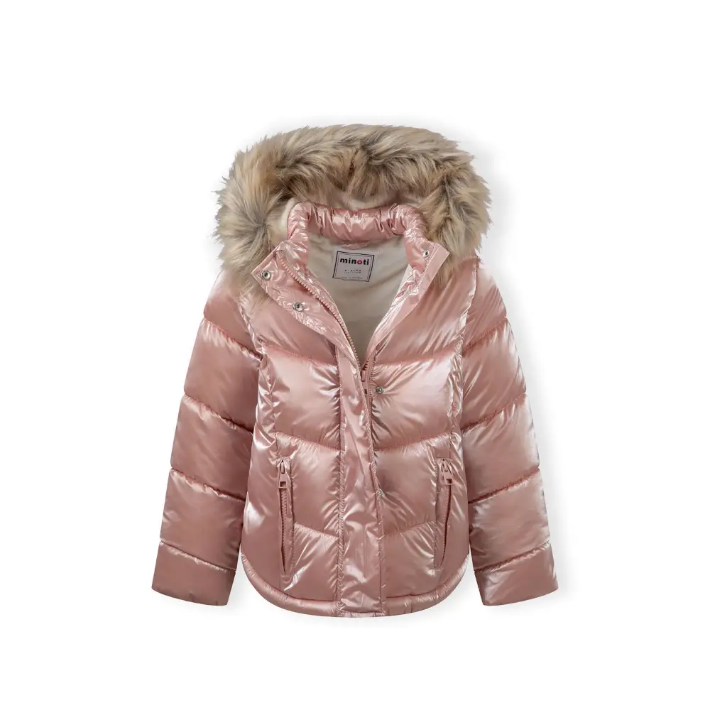 Close-up detail of metallic pink jacket showing zip closure, quilted texture and reflective fabric surface